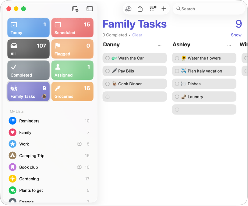 Apple Reminders on a Mac showing a shared Family Tasks list