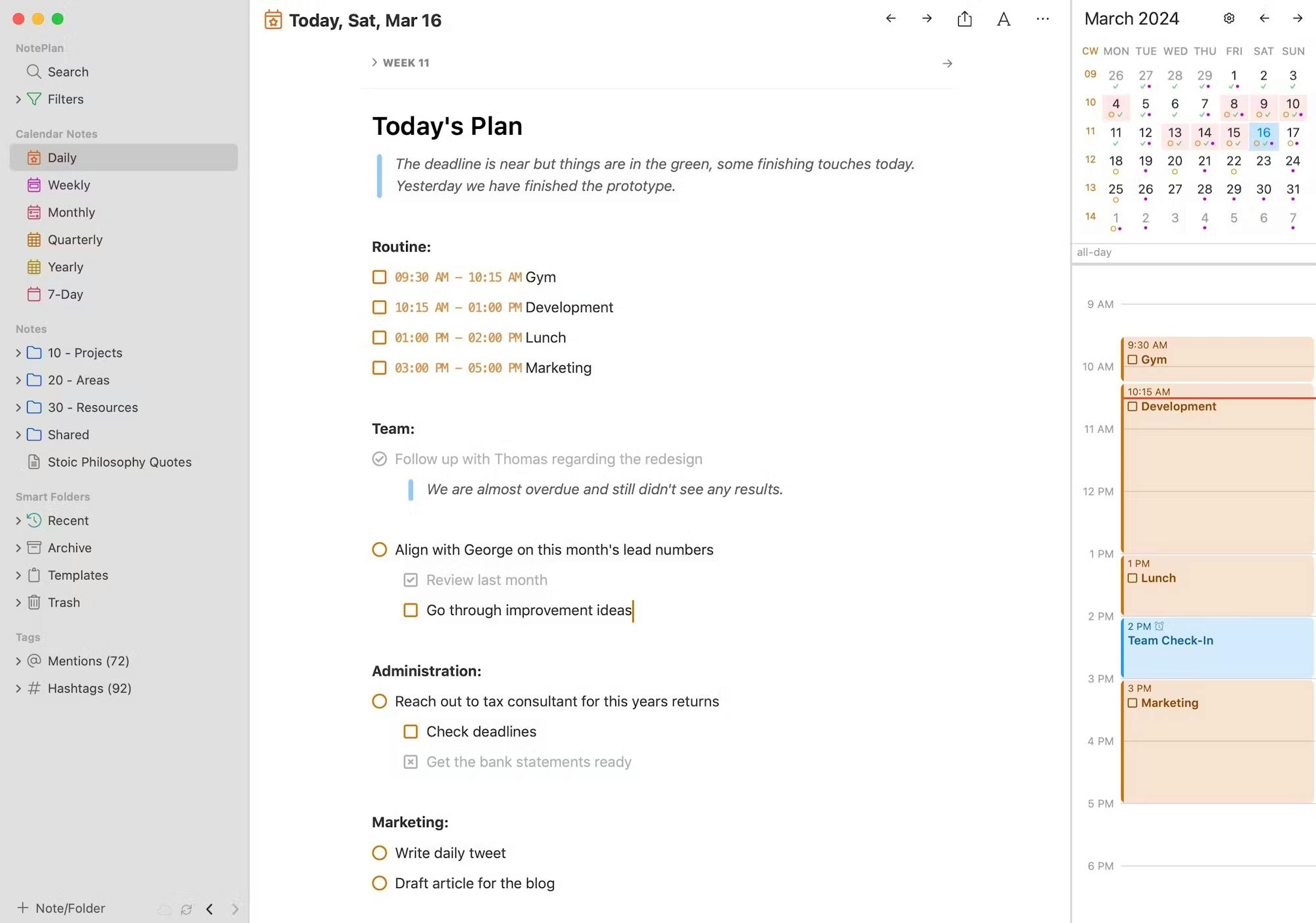 NotePlan running on a Mac with a daily note and calendar side by side