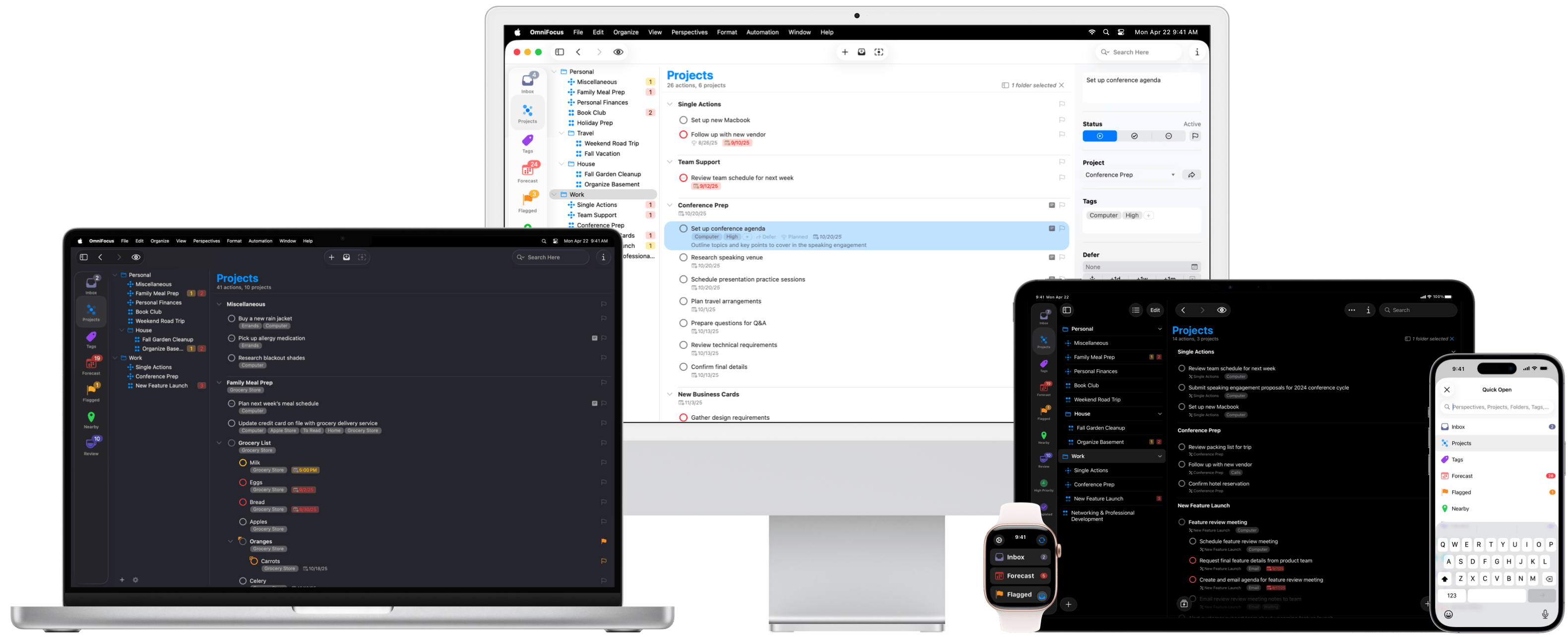 OmniFocus 4 shown across a Mac desktop, MacBook, iPad, iPhone and Apple Watch