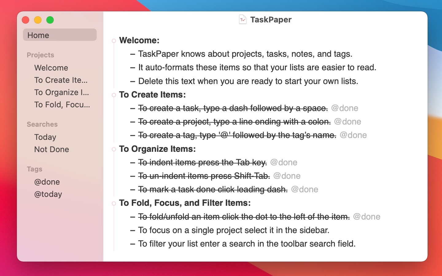 TaskPaper running on a Mac with projects, tasks, notes and tags in a plain-text outline