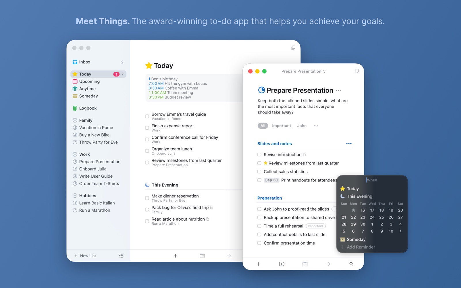 Things 3 running on a Mac with its Today list and a project window open