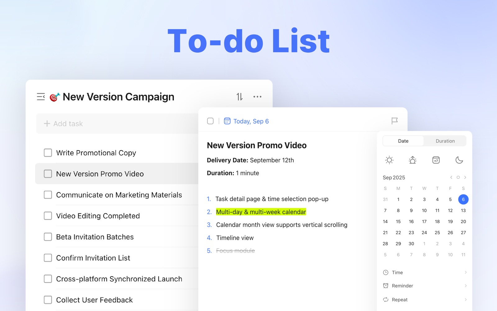 TickTick running on a Mac with tasks arranged in its calendar view