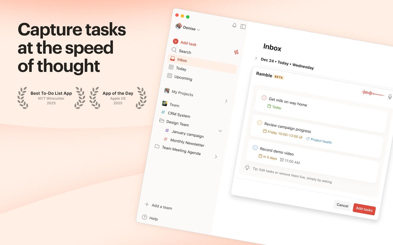Todoist running on a Mac with the Inbox and task capture interface visible